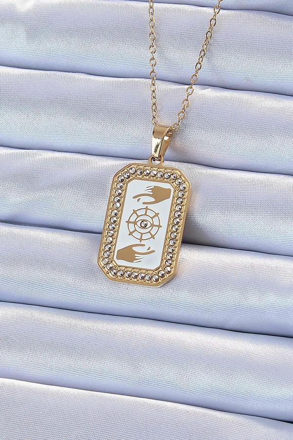 Celira Çelik Zincir Altın Renk Mineli Zirkon Taşlı Göz Figür Tarot Kolye - Image 1