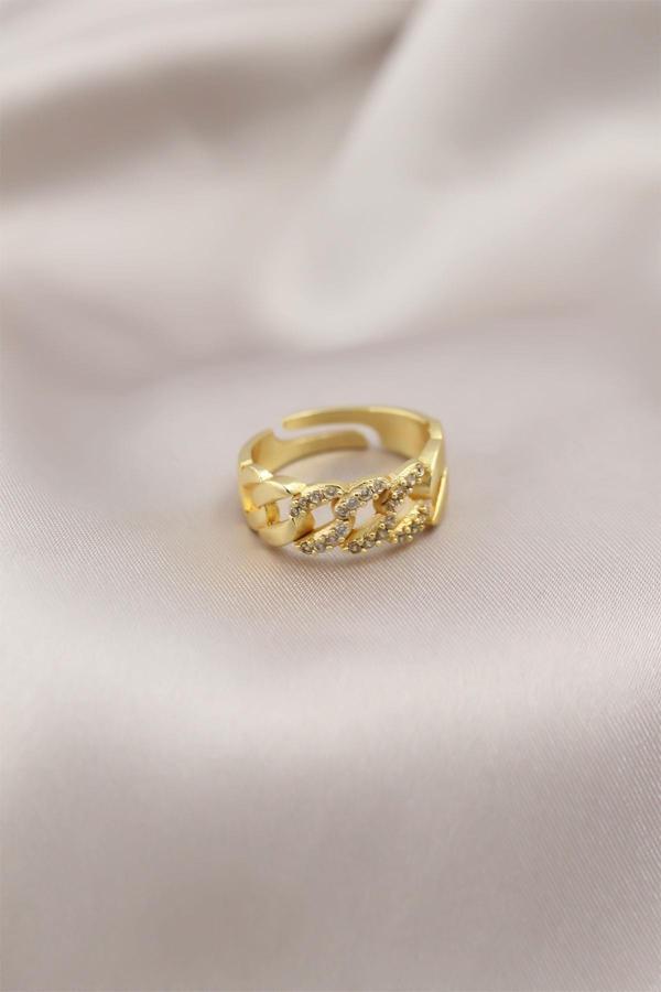 Gold Renk Metal Zincir Model Taşlı Kadın Yüzük - Image 1
