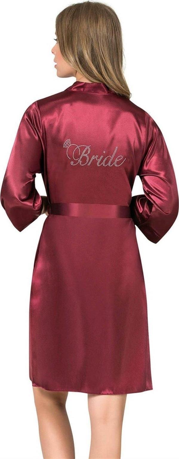 Bordo Kısa Saten Bride Sabahlık - Image 1