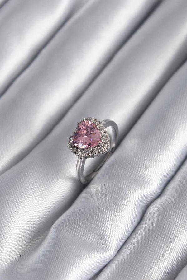 Pirinç Gümüş Renk Pembe Zirkon Taş Kalp Model Kadın Yüzük - Image 1