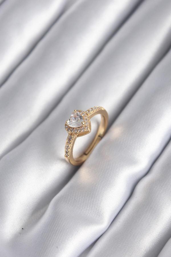 Pirinç Gold Renk Zirkon Taşlı Kalp Model Kadın Yüzük - Image 1