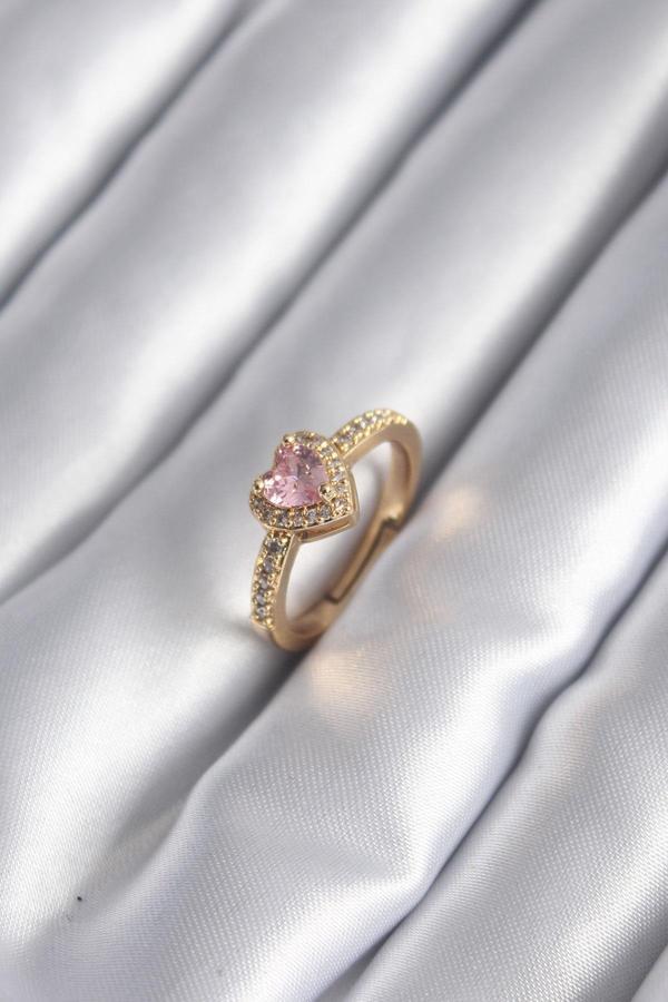 Pirinç Gold Renk Pembe Zirkon Taş Kalp Model Kadın Yüzük - Image 1