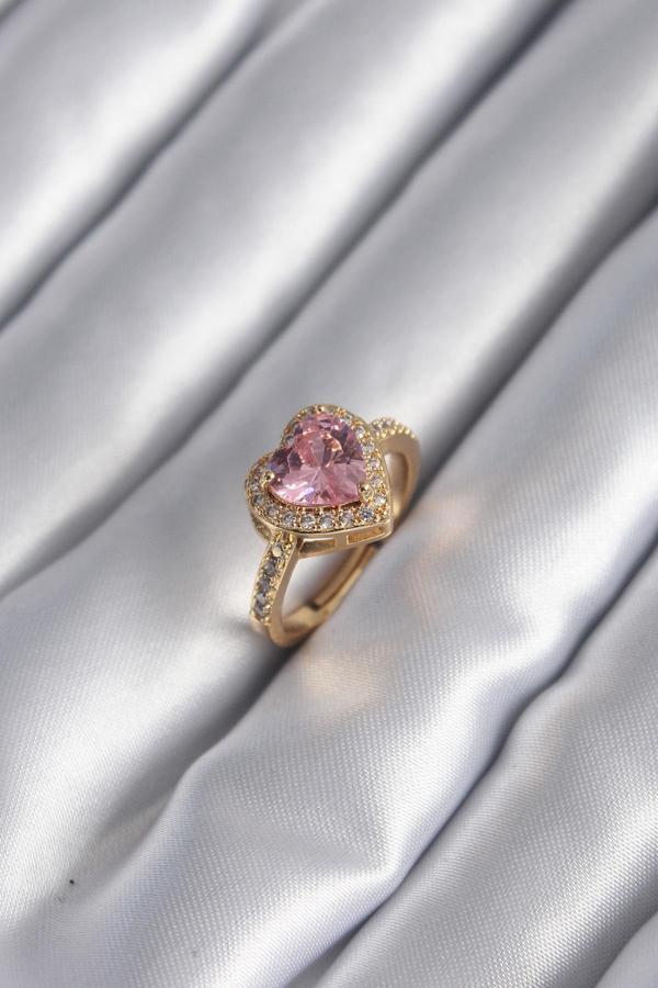 Pirinç Gold Renk Pembe Zirkon Taşlı Kalp Model Kadın Yüzük - Image 1