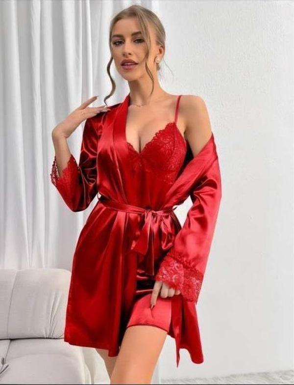Dantel İşlemeli İnce Askılı Kırmızı Saten 2'li Gecelik Sabahlık Takımı - Image 1
