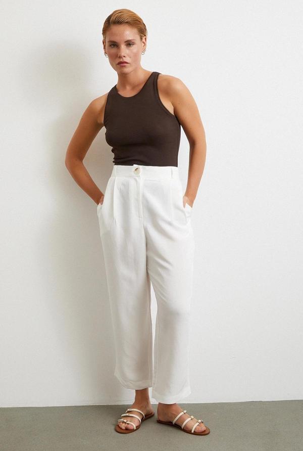 Çift Pileli Keten Pantolon Krem - Image 1