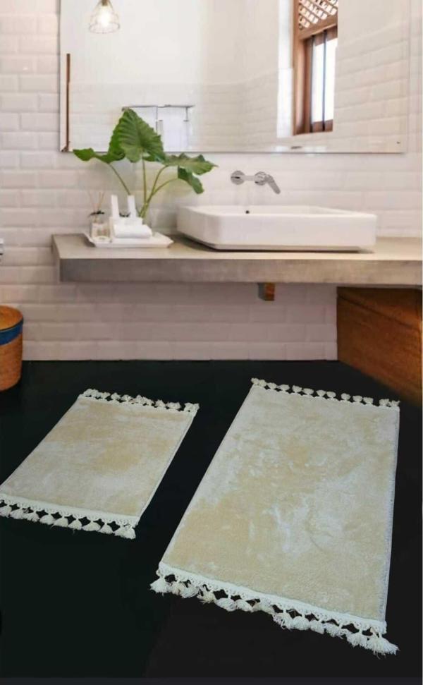 Başak Ev Tekstili 2Li Peluş Saçaklı Dokuma Tabanlı Banyo Takımı Bej - Image 1