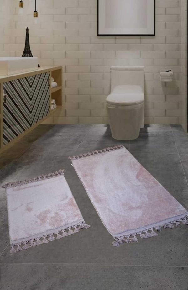 Başak Ev Tekstili 2Li Peluş Saçaklı Dokuma Tabanlı Banyo Takımı Pembe - Image 1
