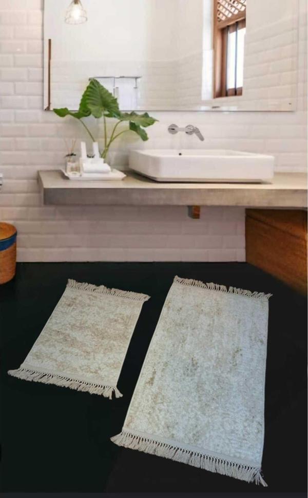 Başak Ev Tekstili 2Li  Saçaklı Dokuma Kaymaz Tabanlı Banyo  Takımı  Krem - Image 1