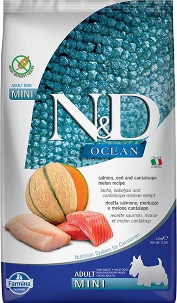N&D Tahılsız Ocean Somon ve Morina Balıklı Kavunlu Mini Yetişkin Köpek Maması 2,5 Kg - Image 1