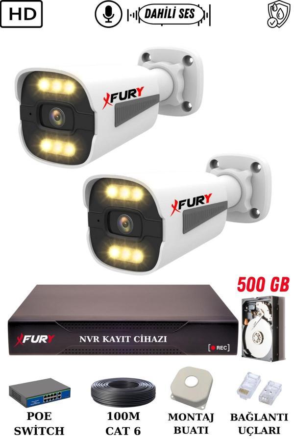 FURY 2 Kameralı Ip Güvenlik Kamerası Seti Sesli 4mp Gece Renkli Su Geçirmez 1506s 500GB - Image 1
