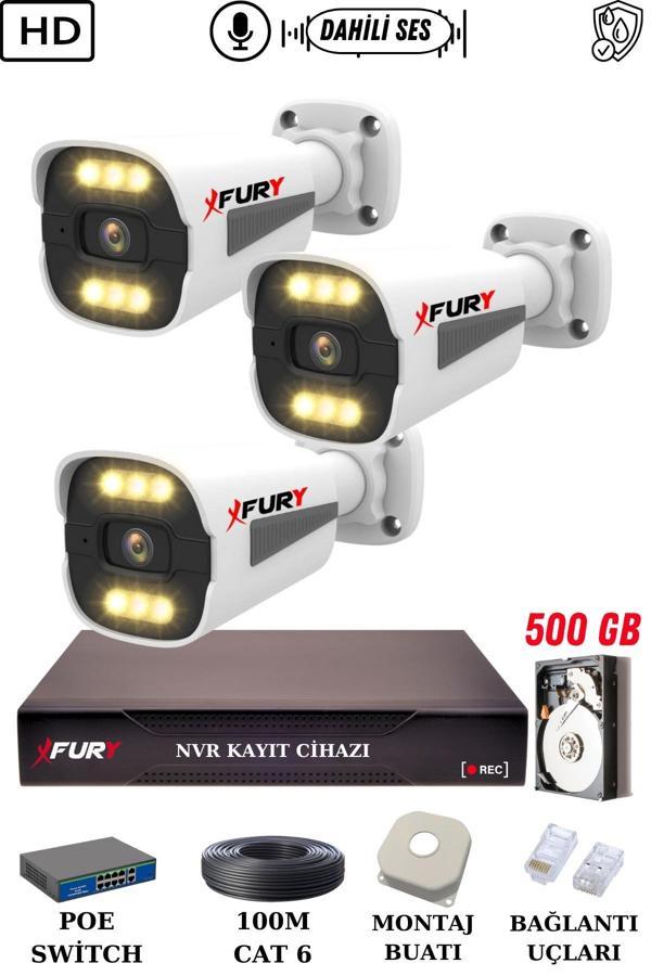 FURY 3 Kameralı Ip Güvenlik Kamerası Seti Sesli 4mp Gece Renkli Su Geçirmez 1506s 500GB - Image 1