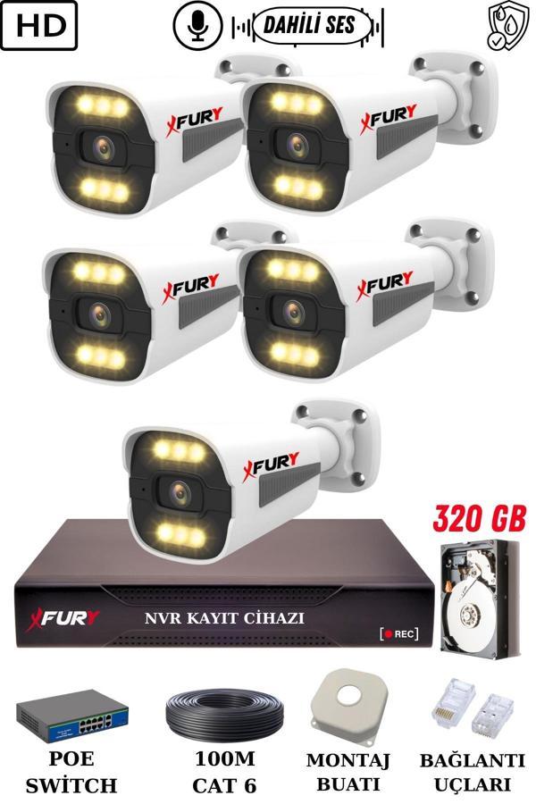 FURY 5 Kameralı Ip Güvenlik Kamerası Seti Sesli 4mp Gece Renkli Su Geçirmez 1506s 320GB - Image 1