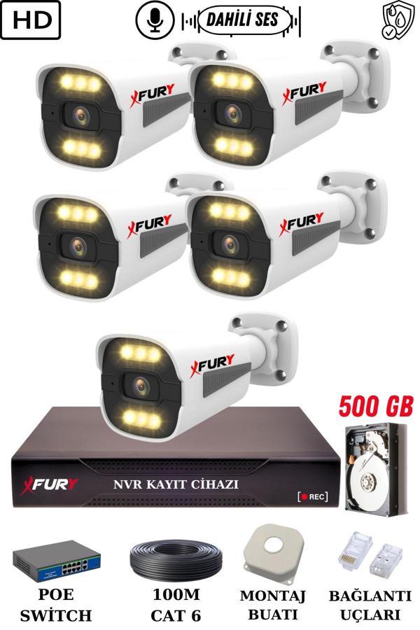 FURY 5 Kameralı Ip Güvenlik Kamerası Seti Sesli 4mp Gece Renkli Su Geçirmez 1506s 500GB - Image 1