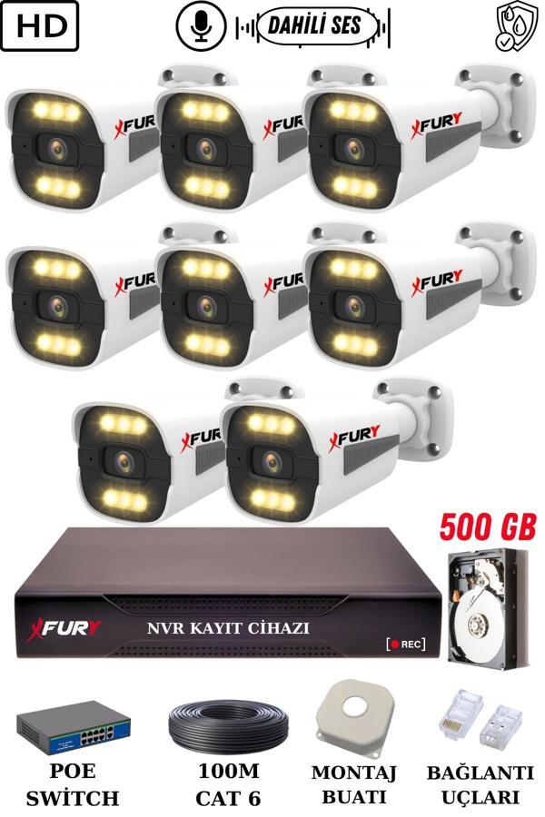FURY 8 Kameralı Ip Güvenlik Kamerası Seti Sesli 4mp Gece Renkli Su Geçirmez 1506s 500GB - Image 1