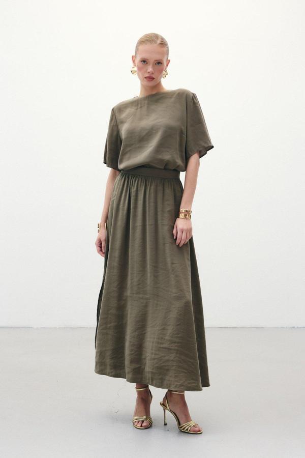 Yırtmaçlı Uzun Etek - Haki - Image 1