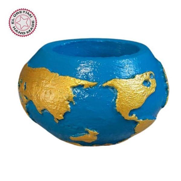 Uretti - Ayşe 7362 7938 El Yapımı Dünya Şeklinde Mavi - Gold Renk  Saksı / Mumluk Dekoratif Obje - 6 x 9 cm - Image 1