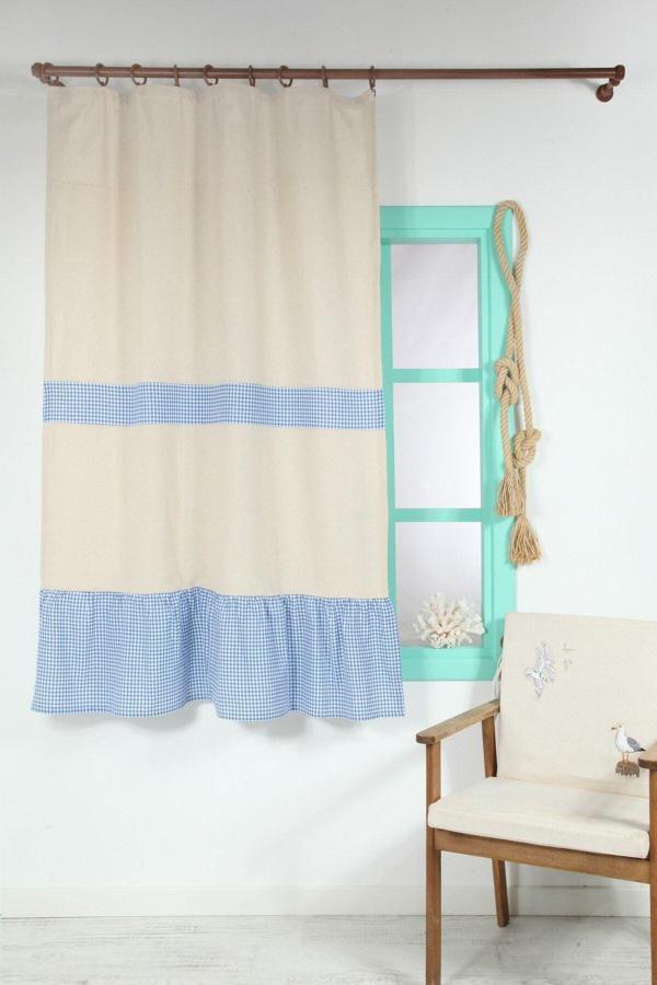 Cotton Maison Krem Mavi  Naturel Perde Kornişli 100X185 Cm - Image 1