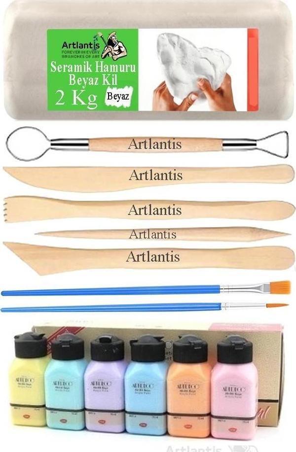 Beyaz Seramik Hamuru 2 Kg Ebeşuar Modelleme Artdeco Pastel 6 Renk Akrilik Boya Fırça 75 ml Seramik Çamuru Heykel - Image 1