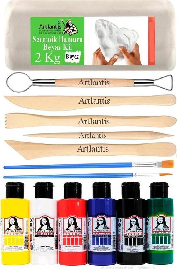 Beyaz Seramik Hamuru 2 Kg Ebeşuar Modelleme Monalisa Ana 6 Renk Akrilik Boya Fırça 75 ml Seramik Çamuru Heykel Sanat - Image 1