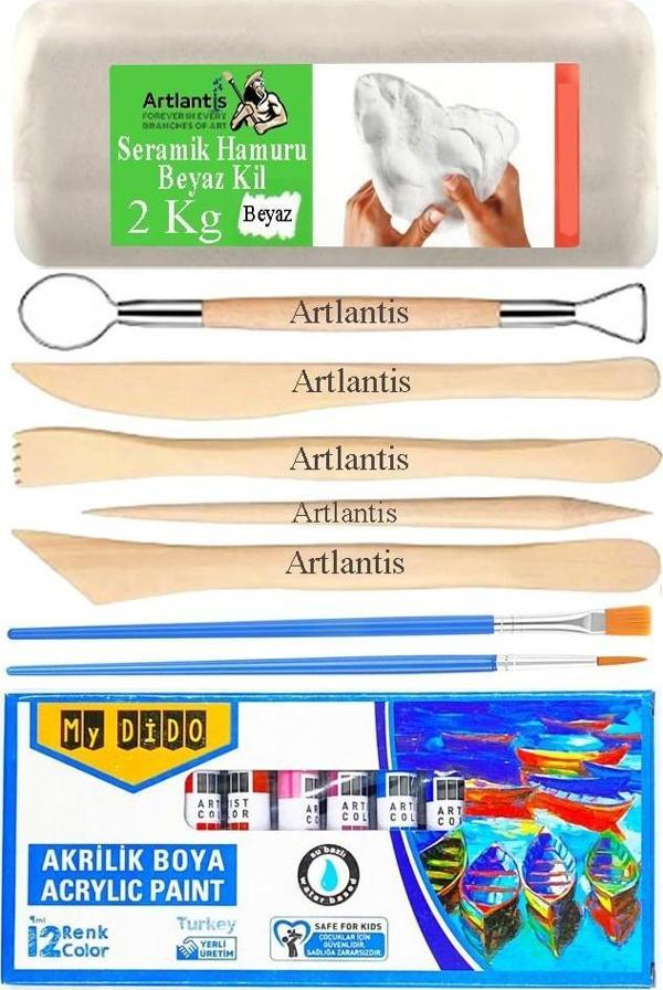 Beyaz Seramik Hamuru 2 Kg Ebeşuar Modelleme Mydido 12 Renk Akrilik Boya Fırça Seramik Çamuru Heykel Sanat Çömlek - Image 1