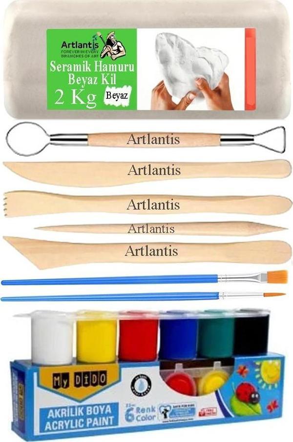 Beyaz Seramik Hamuru 2 Kg Ebeşuar Modelleme Mydido 6 Renk Akrilik Boya Fırça Seramik Çamuru Heykel Sanat Çömlek - Image 1