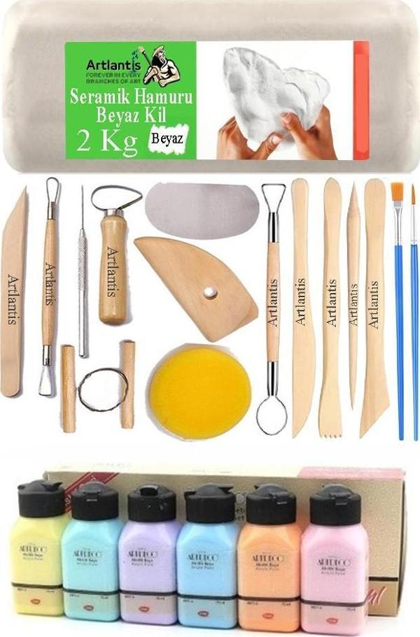 Beyaz Seramik Hamuru 2 Kg Seramik Başlangıç Seti Ebeşuar Modelleme Artdeco 6 Renk Pastel Akrilik Boya Fırça 75 ml Heykel - Image 1