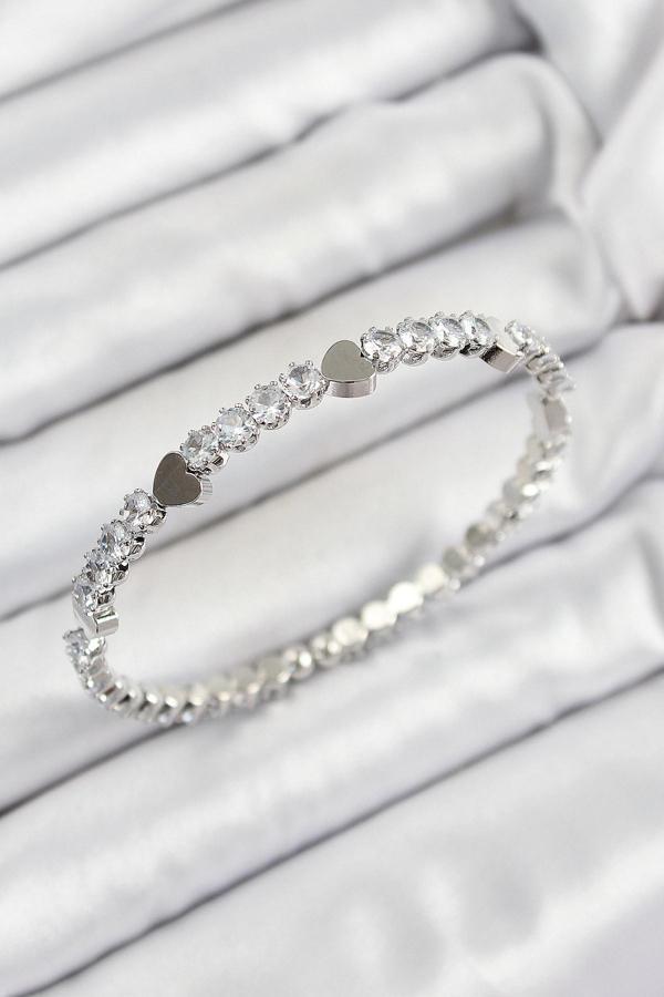 Zarif Kadın için Silver Pirinç Zirkonlu Kalp Stil Yaylı Bileklik - Image 1