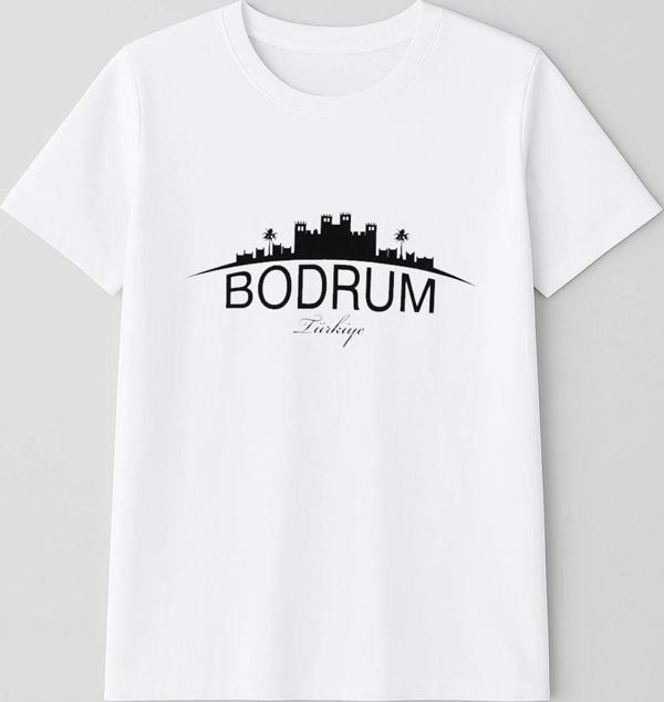 Kadın %100 Pamuk Bodrum Baskılı Kısa Kollu Beyaz T-Shirt - Image 1