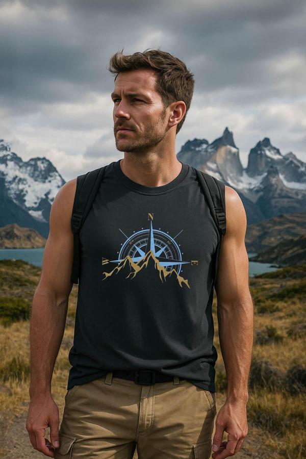 Erkek %100 Pamuk Bisiklet Yaka Pusula Baskılı Kolsuz T-shirt - Image 1