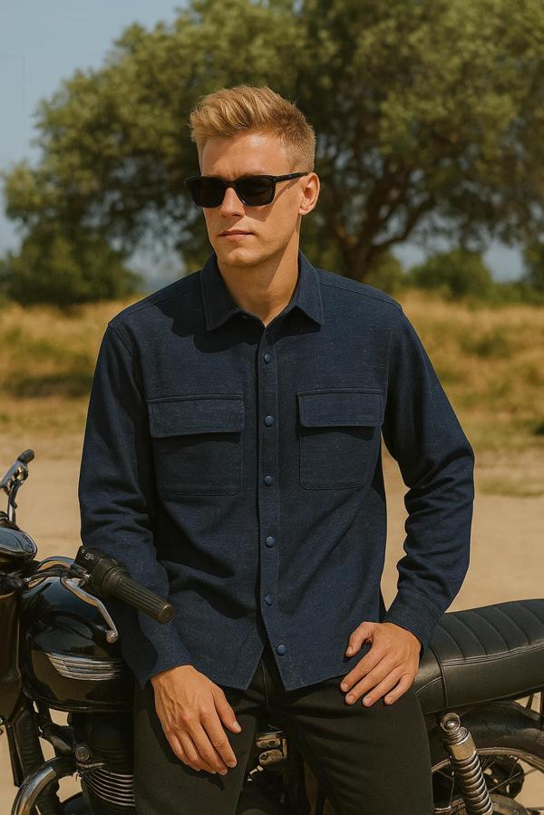 Erkek Cepli Lacivert Jean Gömlek - Image 1