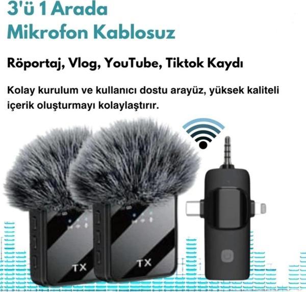 Yüksek Kalite Profesyonel 3 In 1 Kablosuz Taşınabilir Yaka Mikrofonu Tüylü - Image 1