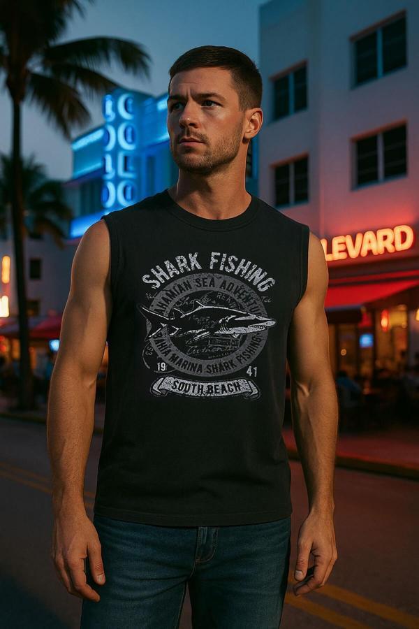 Erkek %100 Pamuk Bisiklet Yaka Shark Baskılı Kolsuz T-shirt - Image 1