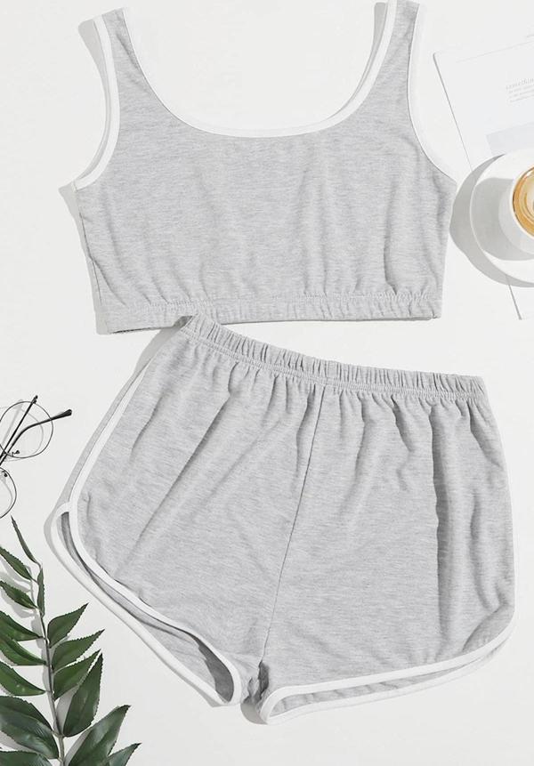 Kadın Gri Askılı Crop Top Ve Şortlu Gecelik Takım - Image 1