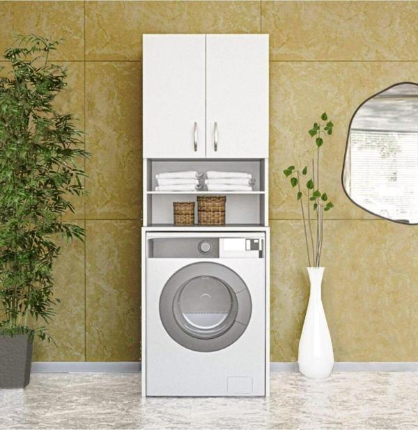 Papatya Çamaşır Makinesi Dolabı, Banyo Dolabı, 4 Raflı, Kapaklı, Beyaz Dolap - Image 1