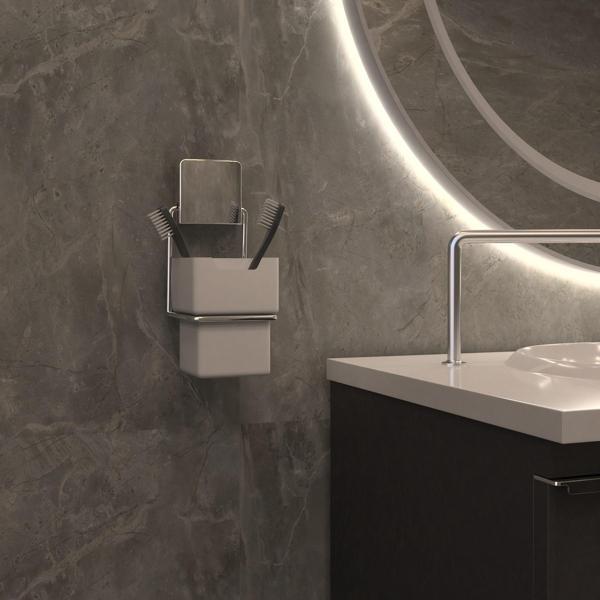 Dekoratif Krom Metal Diş Fırçalık – Yapıştırmalı, Beyaz Plastik Hazneli Pratik Montaj Banyo Aksesuar - Image 1