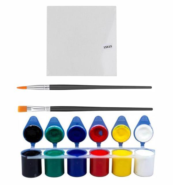 6'lı Akrilik Boya 6x25 Toplam 150 ML+ 2 Adet Fırça+1 adet 15x15 Pres Tuval - Image 1