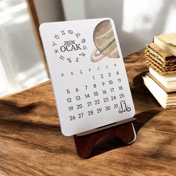 2026 Takvim - Astroloji Burç Ve Gezegenleri Standlı Masaüstü Takvim- Ahşap Telefon Tutucu - Image 1