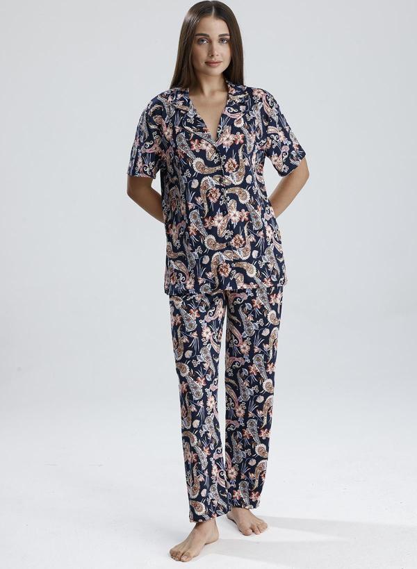 Kadın Düğmeli  Şal Desen Kısa Kollu Pijama Takım  - Image 1