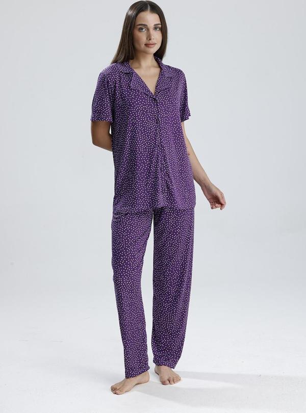 Kadın Düğmeli Puantiye Desen Kısa Kollu Pijama Takım | Mor - Image 1