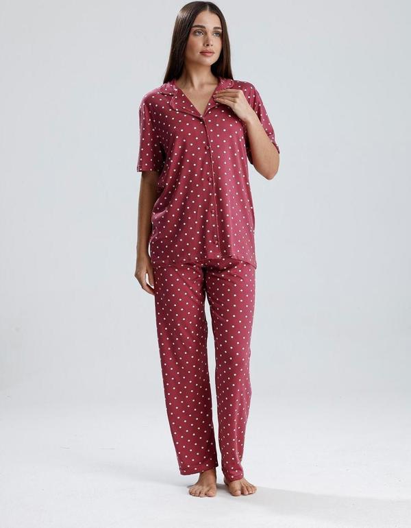Kadın Düğmeli Puantiye Desen Kısa Kollu Pijama Takım | Mürdüm - Image 1