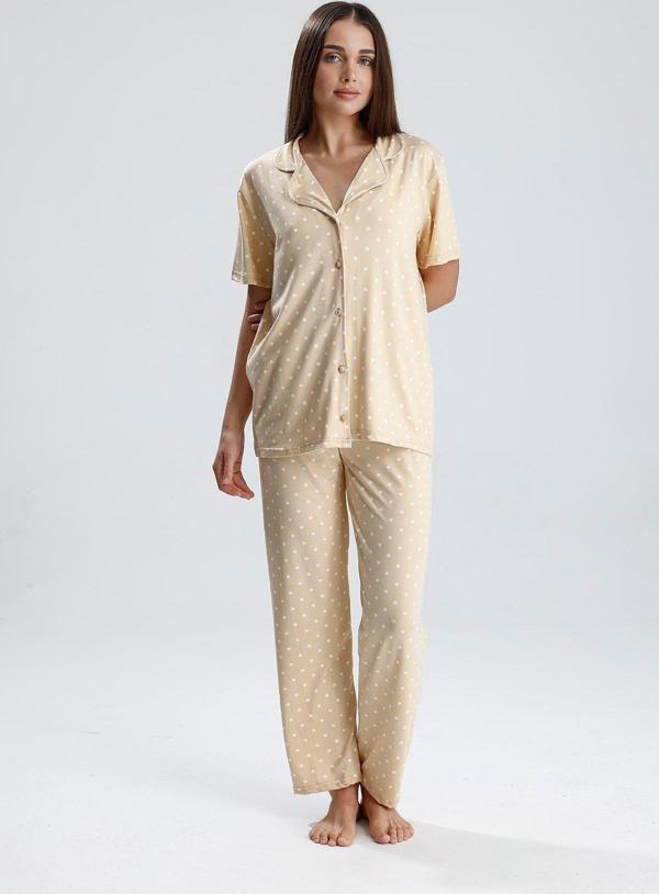Kadın Düğmeli Puantiye Desen Kısa Kollu Pijama Takım | Bej - Image 1
