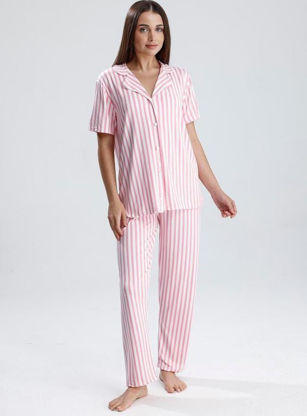 Kadın Kısa Kollu Dikey Çizgili Pijama Takım | Pembe - Image 1