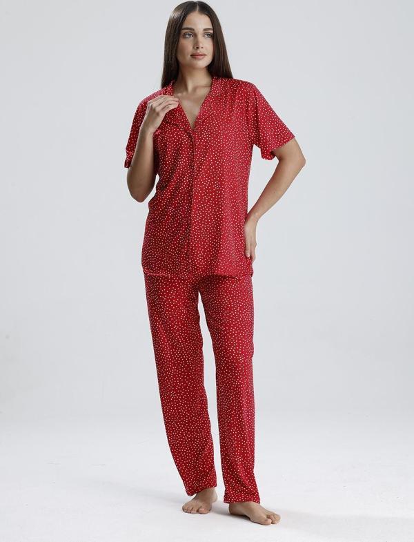Kadın Düğmeli Puantiye Desen Kısa Kollu Pijama Takım | Kırmızı - Image 1