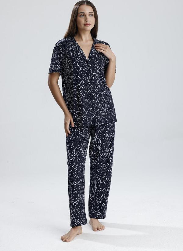 Kadın Düğmeli Puantiye Desen Kısa Kollu Pijama Takım | Lacivert - Image 1