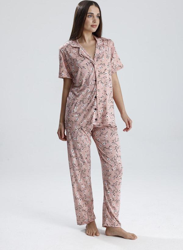 Kadın Düğmeli Floral Desen Kısa Kollu Pijama Takım | Pembe - Image 1