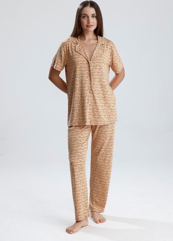Kadın Yazı Detaylı Kısa Kollu Pijama Takım | Latte Paris  - Image 1