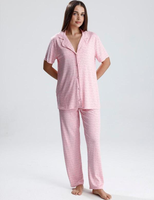 Kadın Yazı Detaylı Kısa Kollu Pijama Takım | Pembe Paris - Image 1