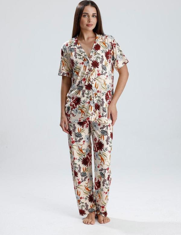 Kadın Düğmeli Şal Desen Kısa Kollu Pijama Takım - Image 1