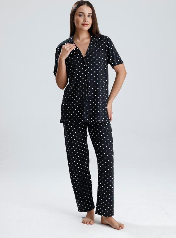 Kadın Düğmeli Puantiye Desen Kısa Kollu Pijama Takım | Siyah  - Image 1