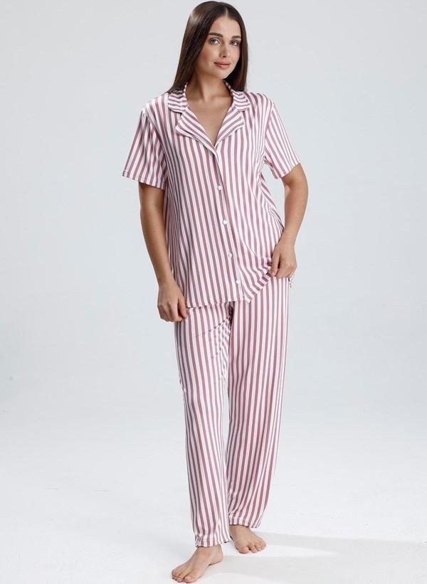 Kadın Düğmeli Dikey Çizgi Kısa Kollu  Pijama Takım | Mor  - Image 1